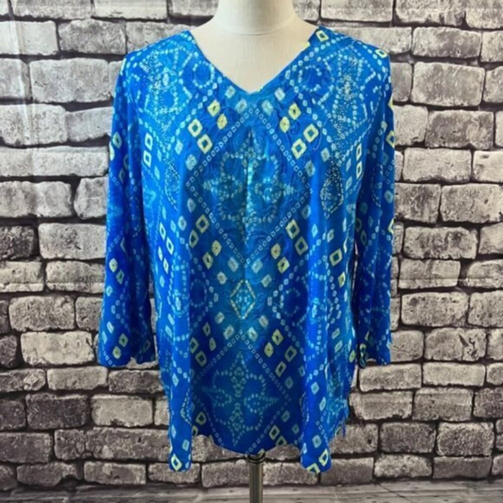 Chico's Blue, White & Green 3/4 Sleeve Blouse Size Large
